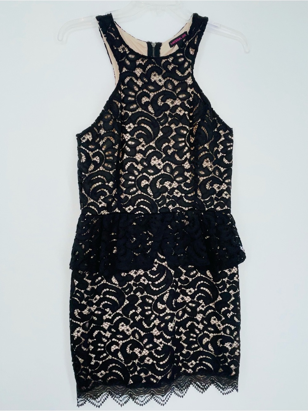 NWT Women’s Material Girl Black Lace Peplum Mini Dress with Nude Lining, Medium